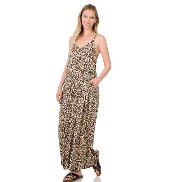 Zenana Leopard Print Soft Brushed Microfiber Cami Maxi Dress Pockets Women’s 2X - Picture 3 of 7